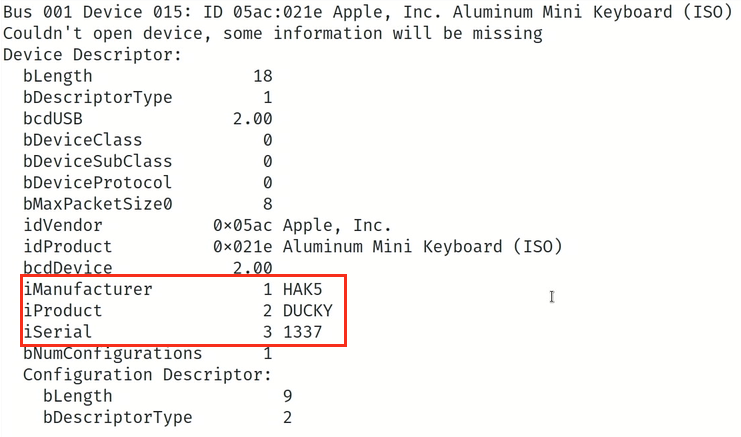 The lsusb command from a Linux system showing the USB Rubber Ducky with MAN, PROD, and SN specified