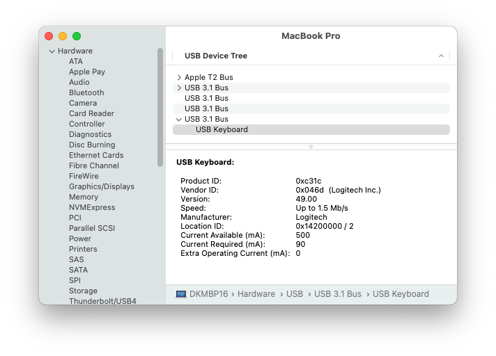 System Report showing USB Keyboard on macOS