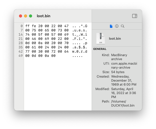 HextEdit hex editor for macOS showing loot.bin file containing WiFi network name and passphrase