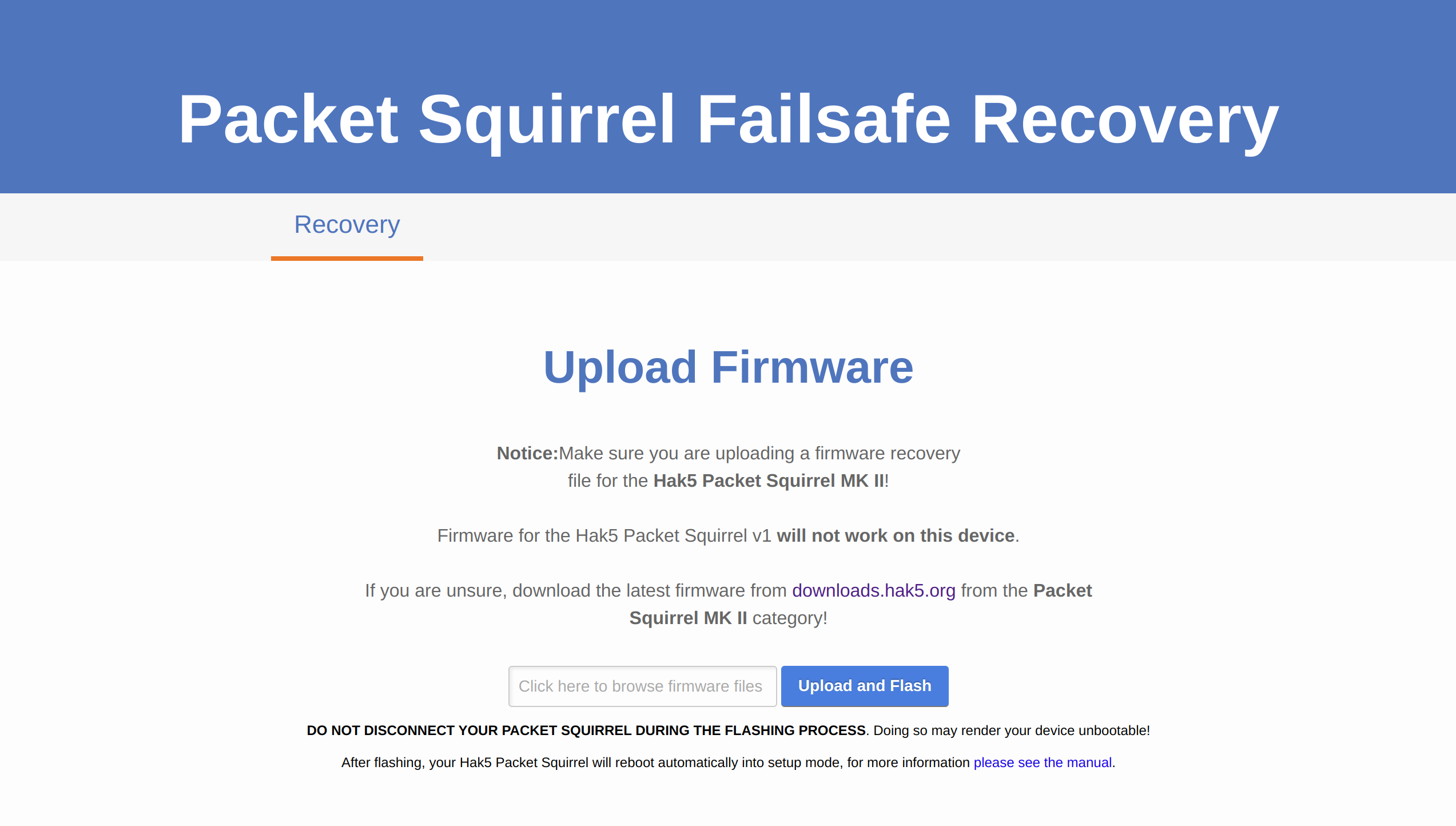 The Packet Squirrel firmware upload screen