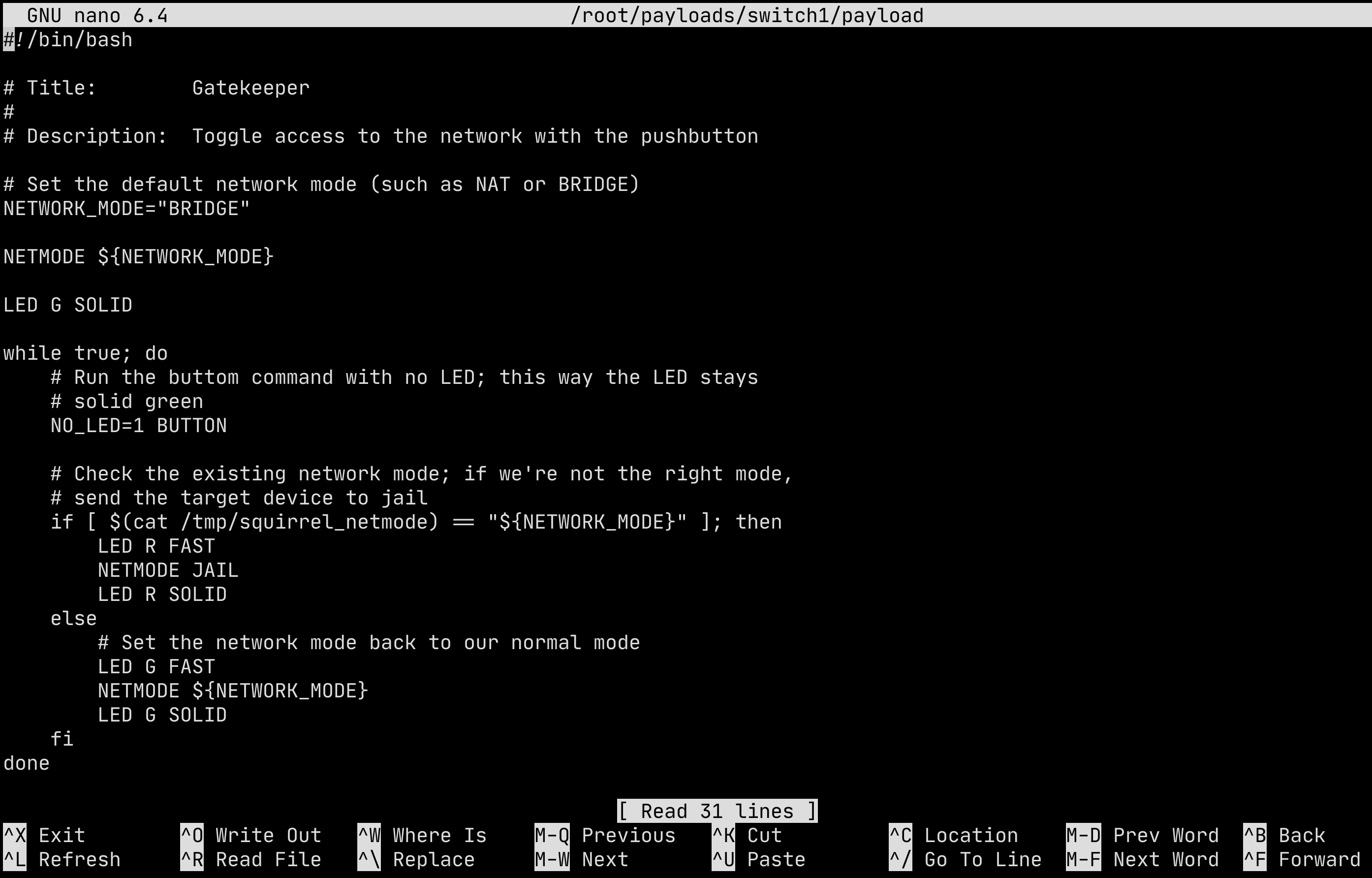 A nano editing session in ssh