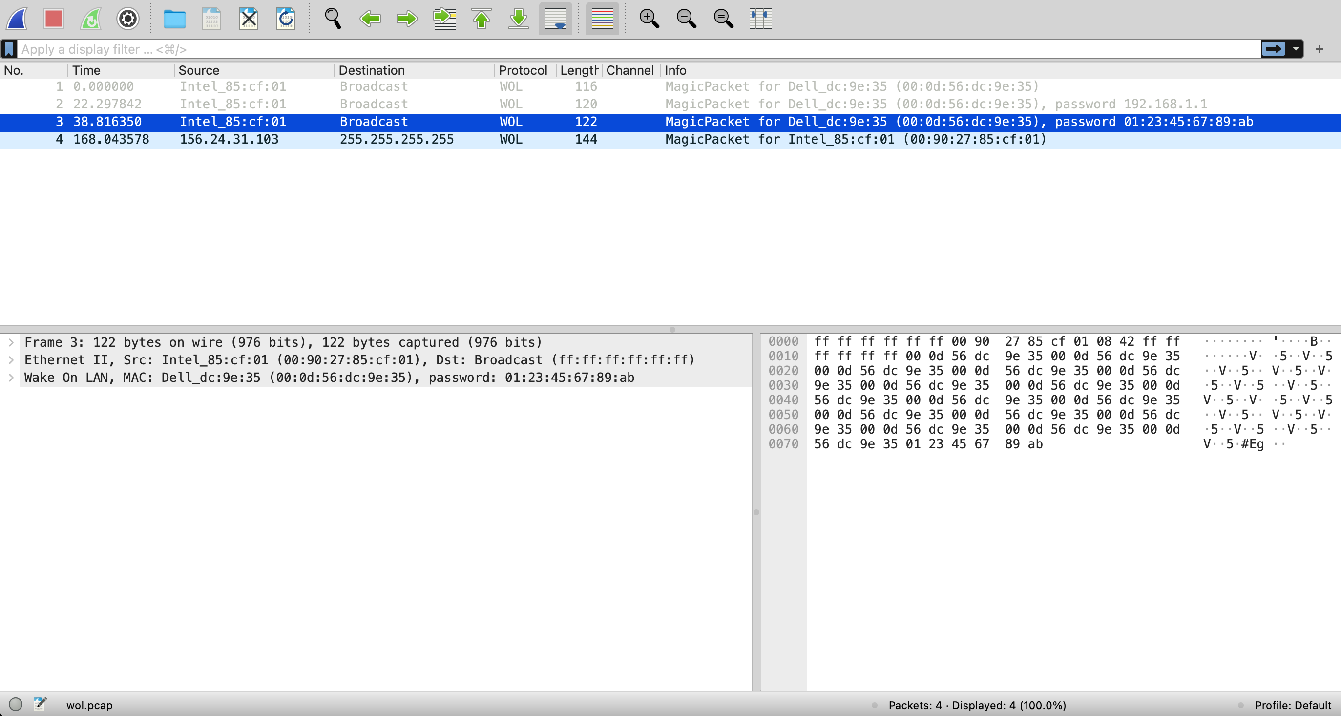 The main Wireshark UI showing the example Wake on LAN packet capture file