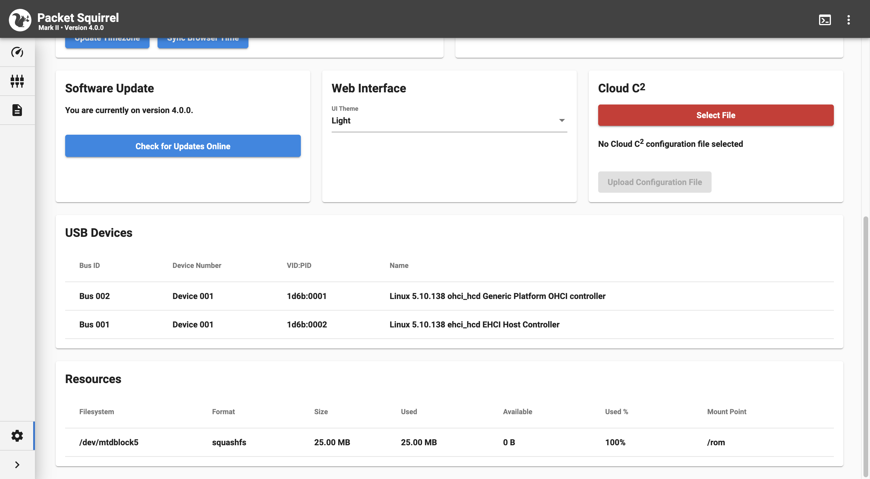 Packet Squirrel settings page showing USB and storage devices