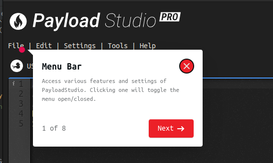 PayloadStudio Menu bar (Top Left)