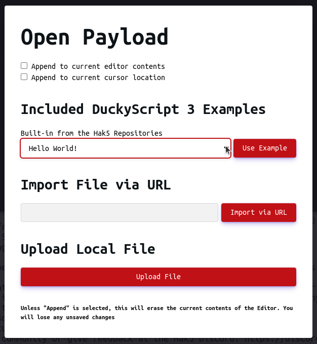 Open / Import payload modal