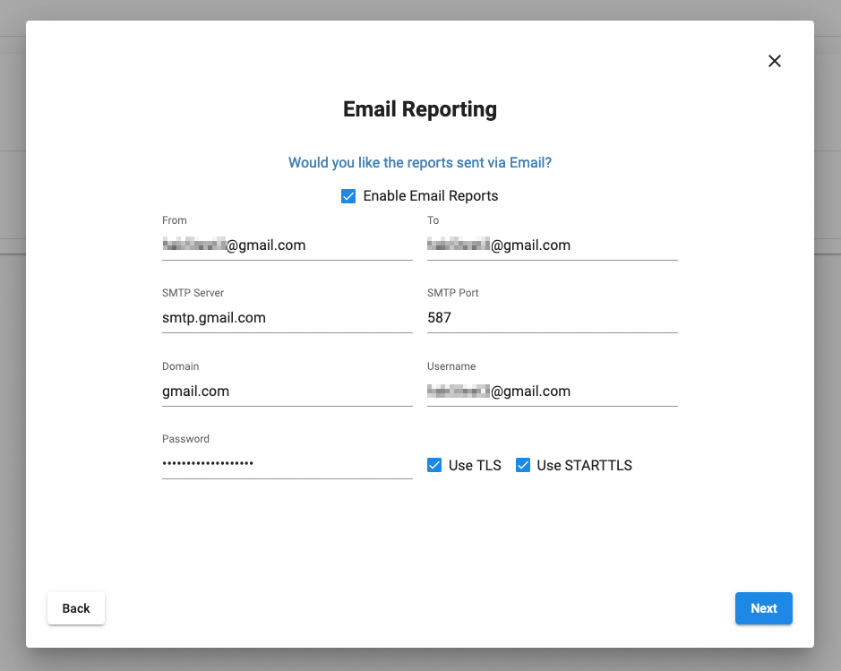Email reporting with a SMTP configuration for Gmail