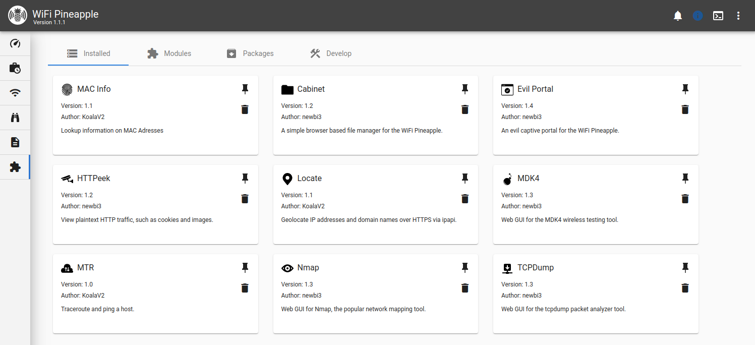 A list of installed modules
