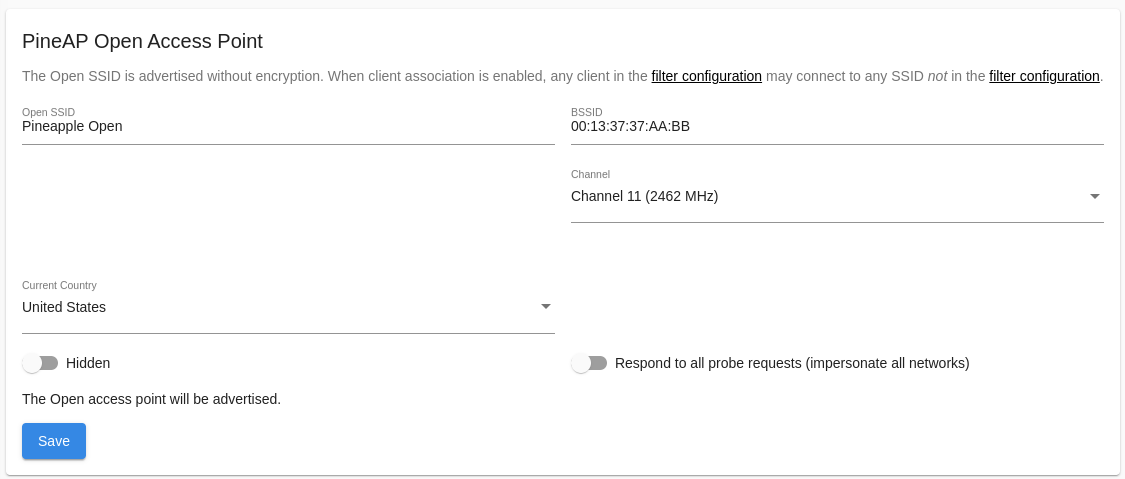 WiFi Pineapple Open AP Configuration